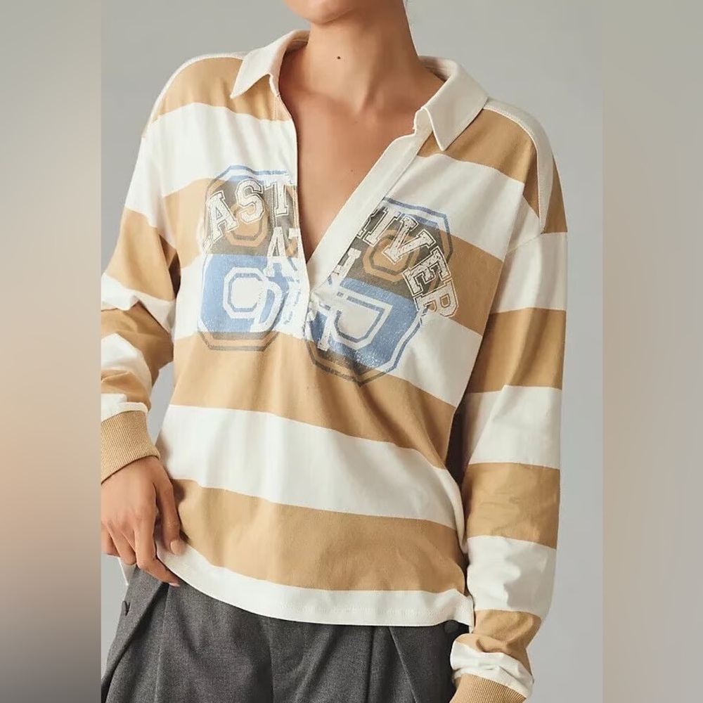 Anthropologie Pilcro Rugby Oversized Tan Stripe Preppy Long Sleeve Shirt